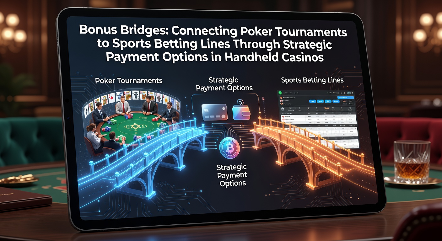 Handheld casino interface showing poker tournaments linked to sports betting lines via payment options
