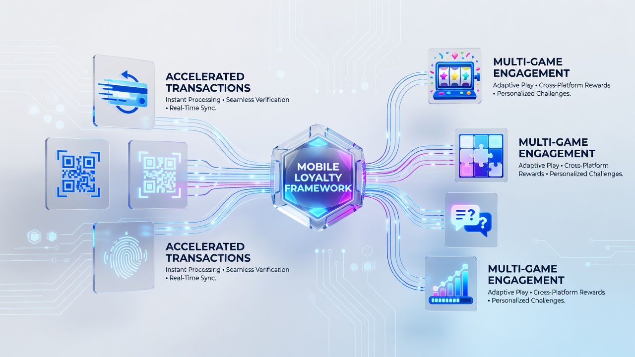 Smartphone displaying integrated mobile loyalty dashboard with transaction flows across slots, poker, and sports betting sections
