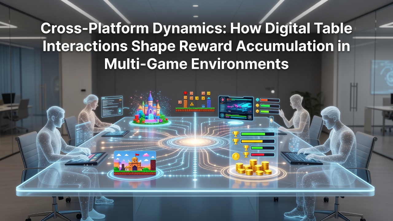 Digital gaming interfaces showing interconnected table games and reward tracking across mobile platforms