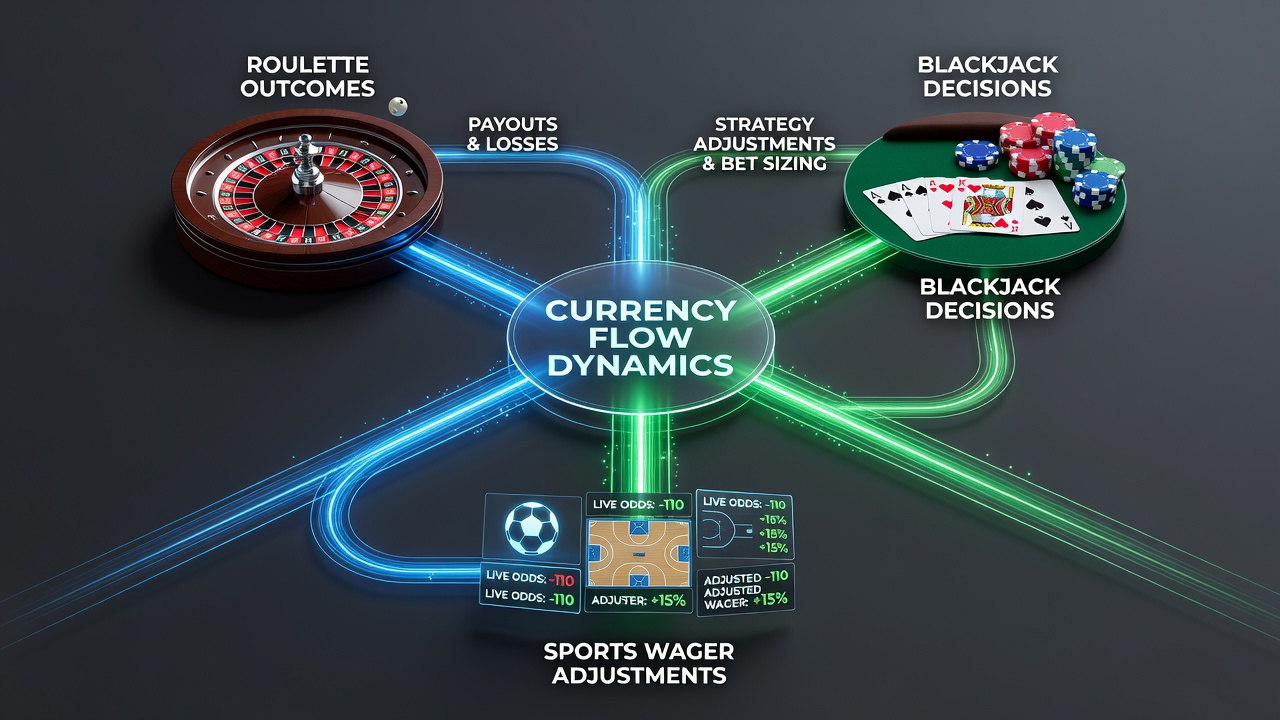 Digital transaction flow diagram illustrating how roulette winnings transfer into blackjack and sports betting adjustments within a VIP mobile app
