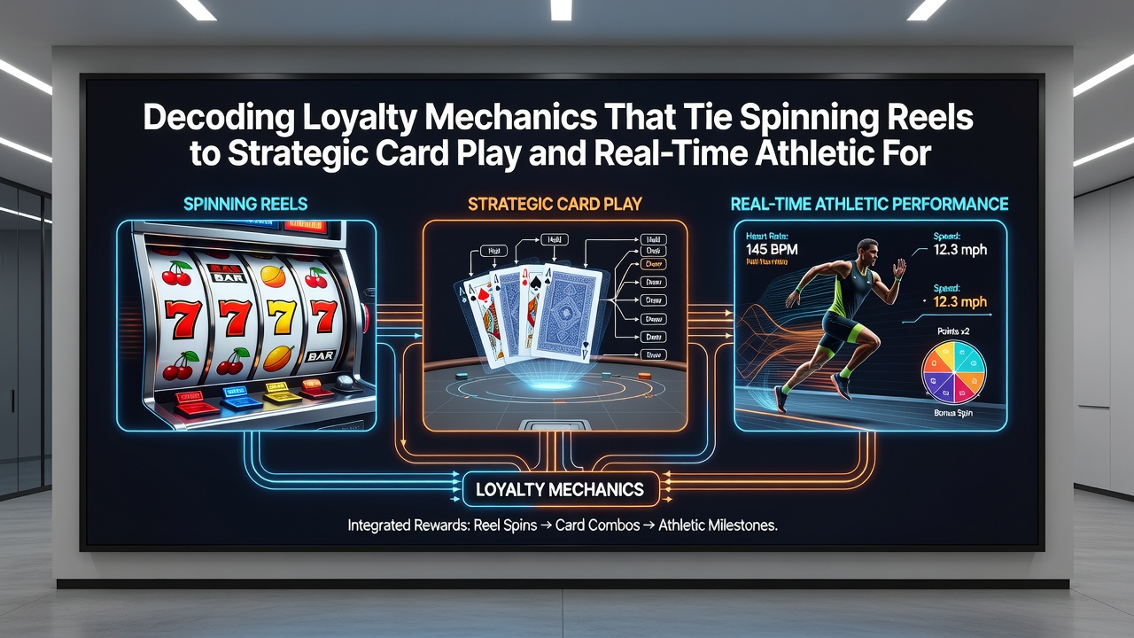Mobile app dashboard showing loyalty point transfers connecting slot machines, poker hands, and sports betting forecasts