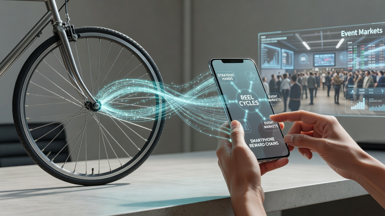 Smartphone screen showing interconnected gambling interfaces with slot reels, poker hands, and sports betting markets linked through reward points