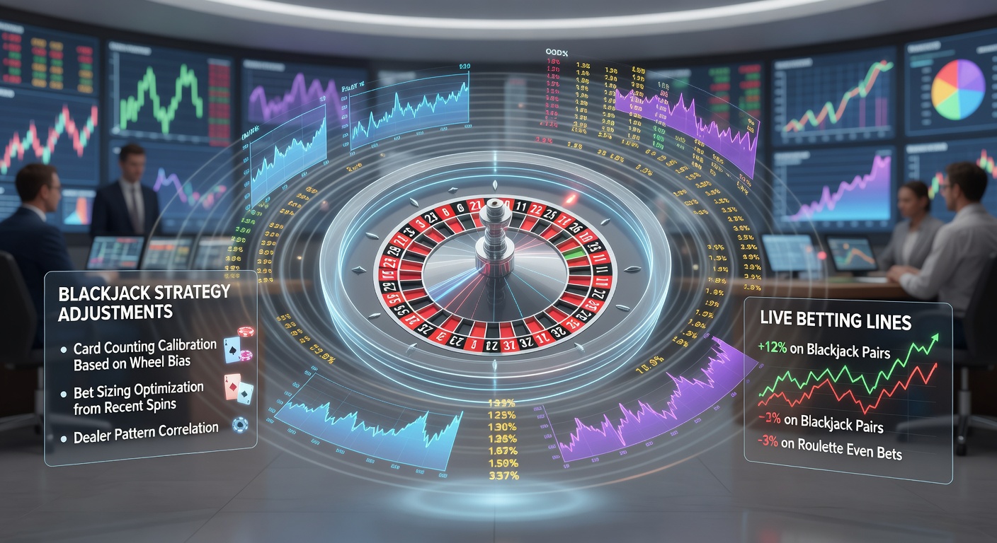 Digital screens showing live blackjack strategies overlaid on roulette outcome charts and fluctuating sports betting lines, highlighting data-driven interconnections in modern casinos