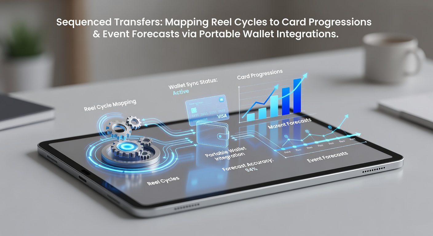 Mobile wallet interface displaying sequenced transfers between slot reels, card games, and sports event forecasts
