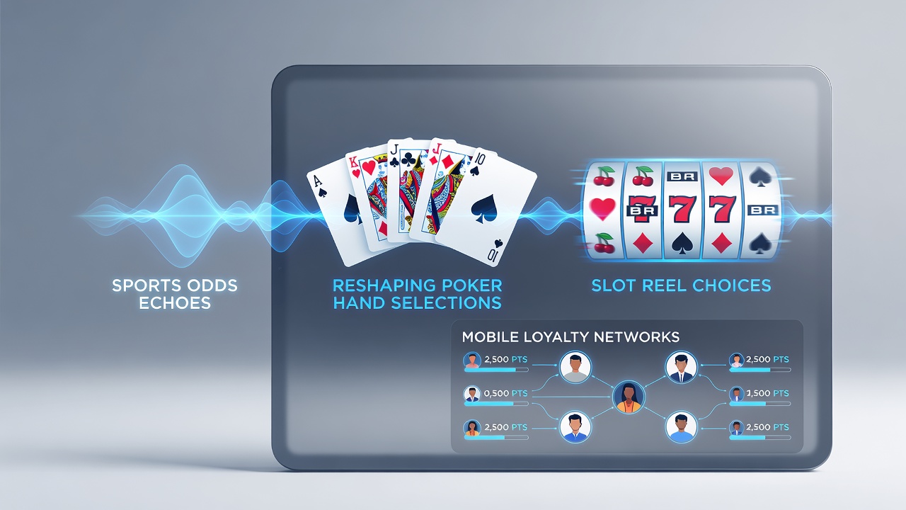 Mobile device displaying interconnected sports betting odds, poker hands, and slot reels within a loyalty network dashboard