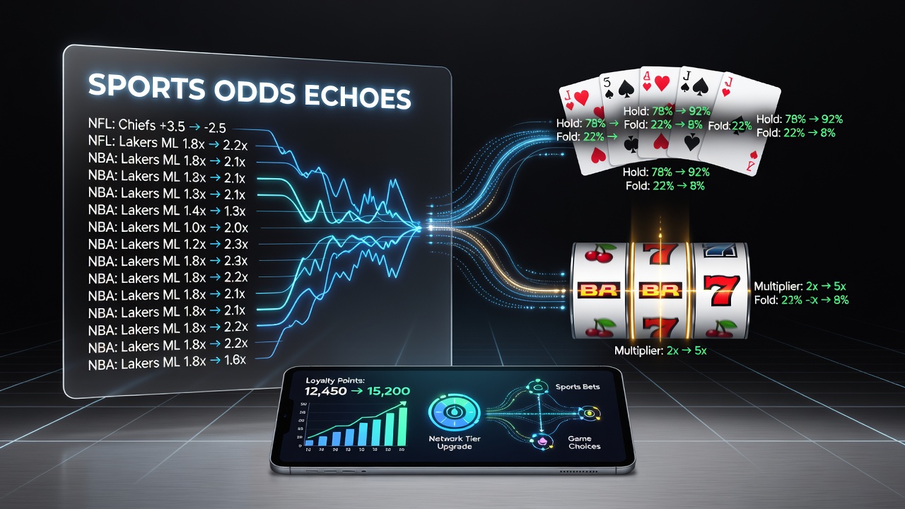 Illustration of data pathways connecting sports odds to slot reel algorithms and poker decision trees in loyalty systems