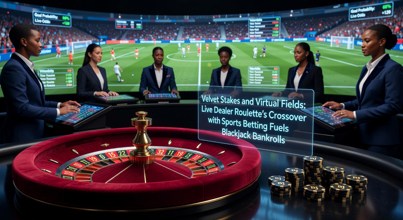 Live dealer roulette wheel spinning with sports betting odds overlay and blackjack table in background, illustrating crossover dynamics