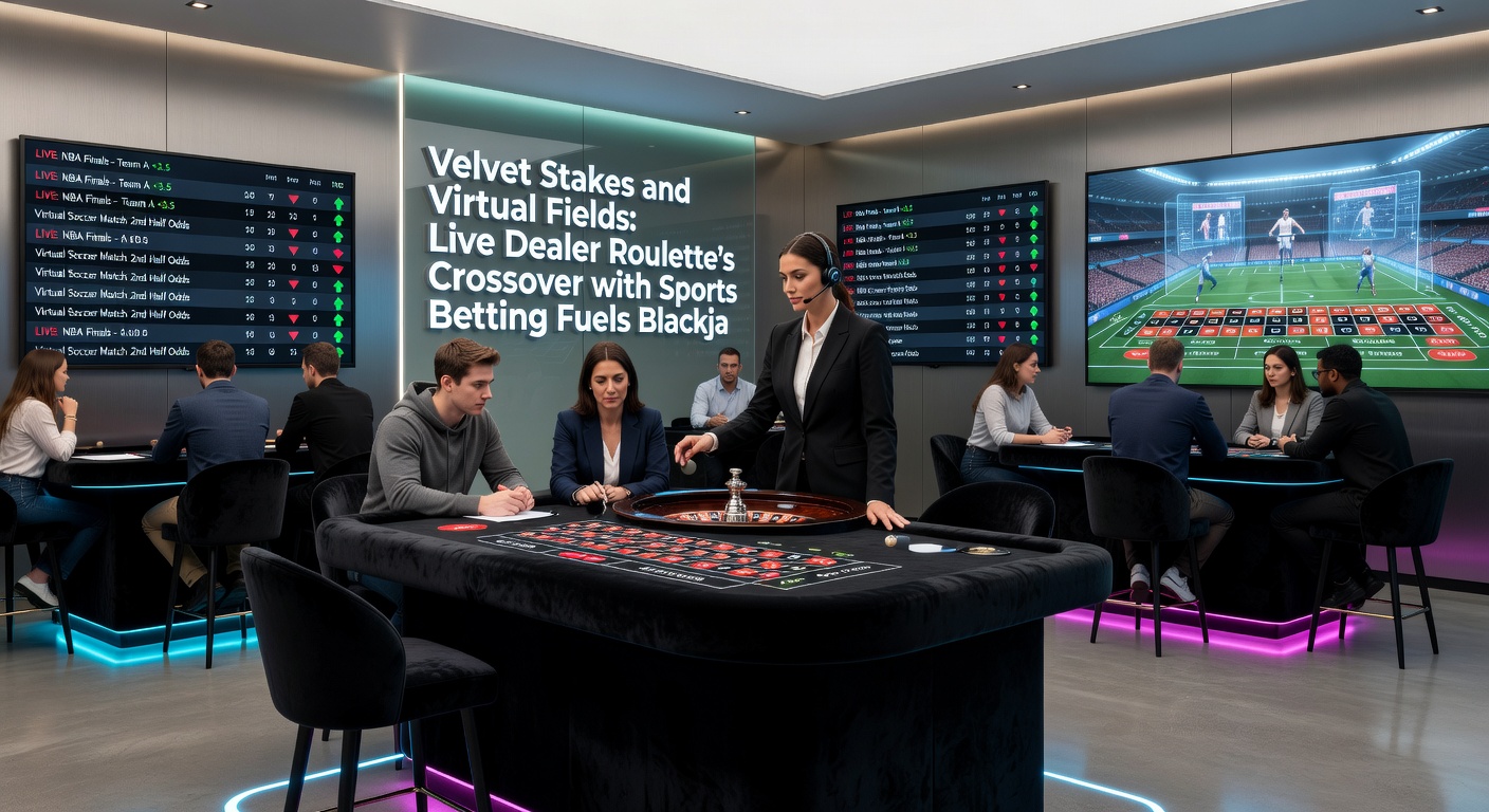Virtual sports arena with animated football match, overlaid roulette chip stacks transitioning to sports tickets and blackjack hands