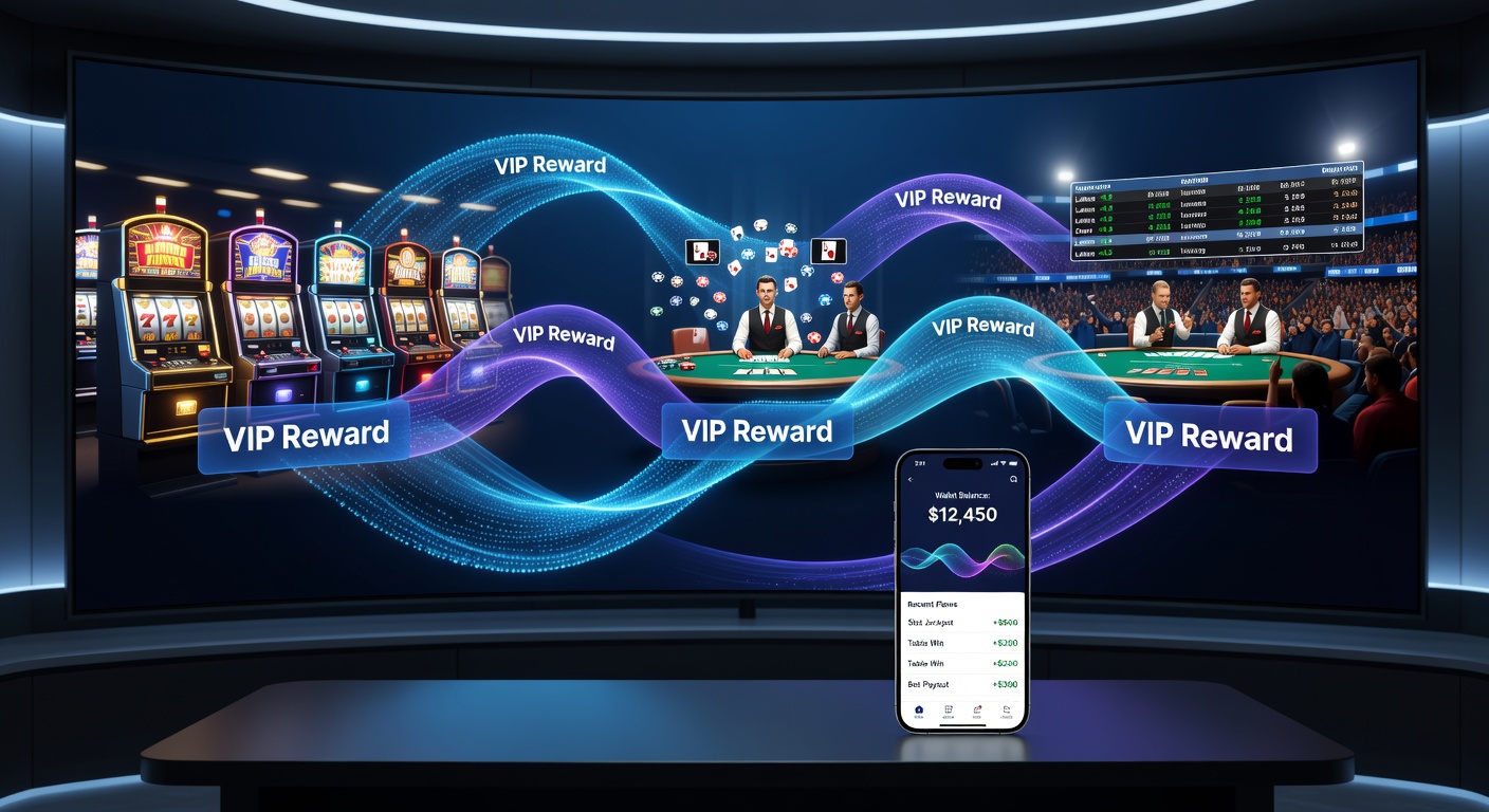 Mobile casino interface showing reward flows between slots, live tables, and sports betting sections